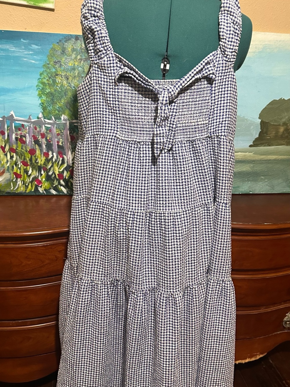 Old Navy XXL Blue Gingham Square-Neck Tiered Midi Dress - Picture 2 of 12
